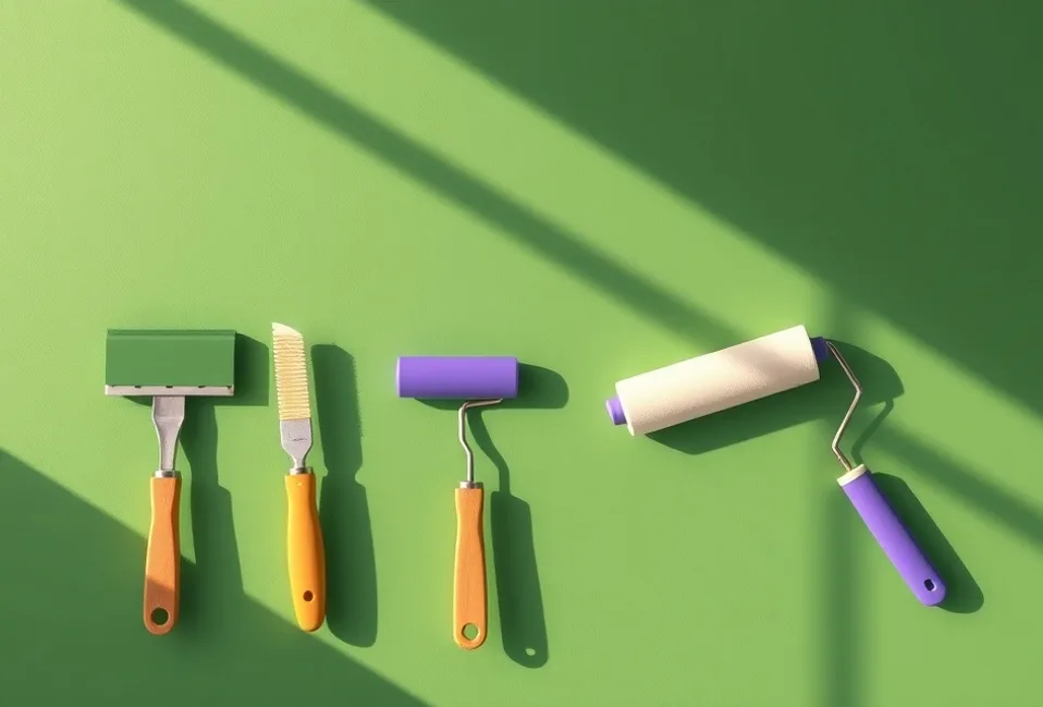 Outils de peinture disposés dans l'ordre des étapes du chantier