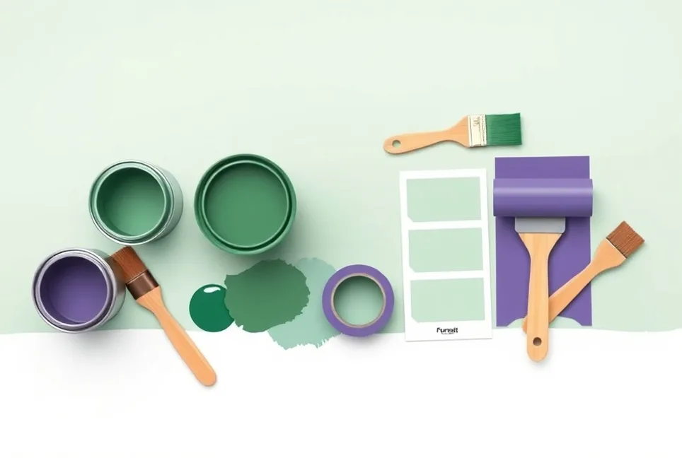 Pots de peinture, nuancier, brosses et rouleaux disposés à plat