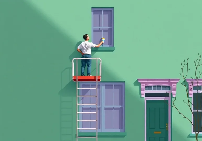Peintre sur échafaudage traitant la façade d'une maison
